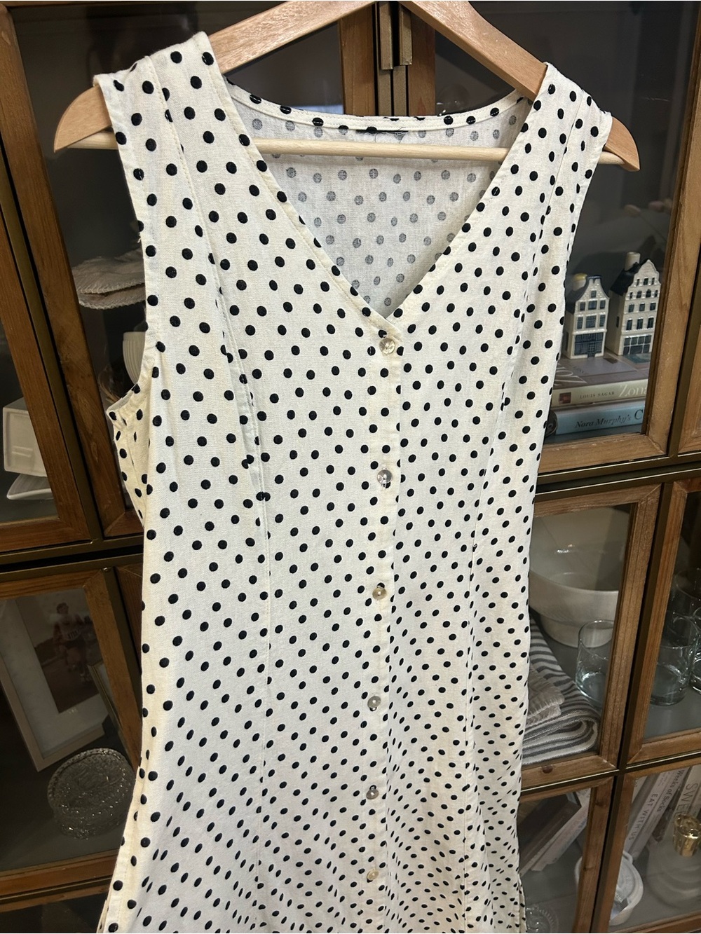 Vintage Cotton Sleeveless V-Neck Polka Dot Midi Dress - Picture 8 of 13
